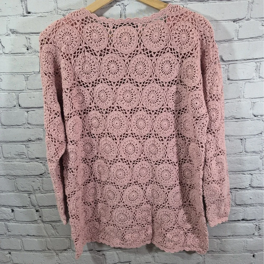 Vintage Crochet Sweater Womens L Blush Pink Mandala Coquette Coastal Pullover